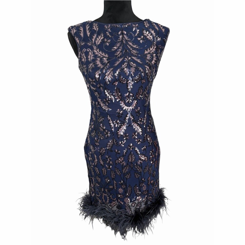 NWT ELIZA J SEQUIN NAVY FEATHER STUNNING COCKTAIL DRESS SIZE 6